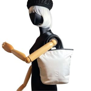 Fendi Authentic Vintage Rare White Leather FF Logo Top Handle Tote Bag